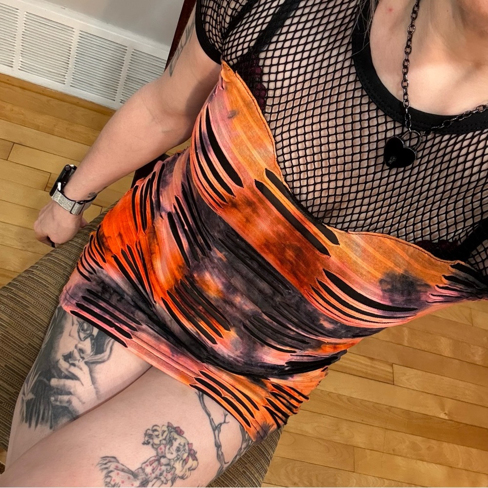 Distressed Tie-Dye Mini Dress in Orange & Black
